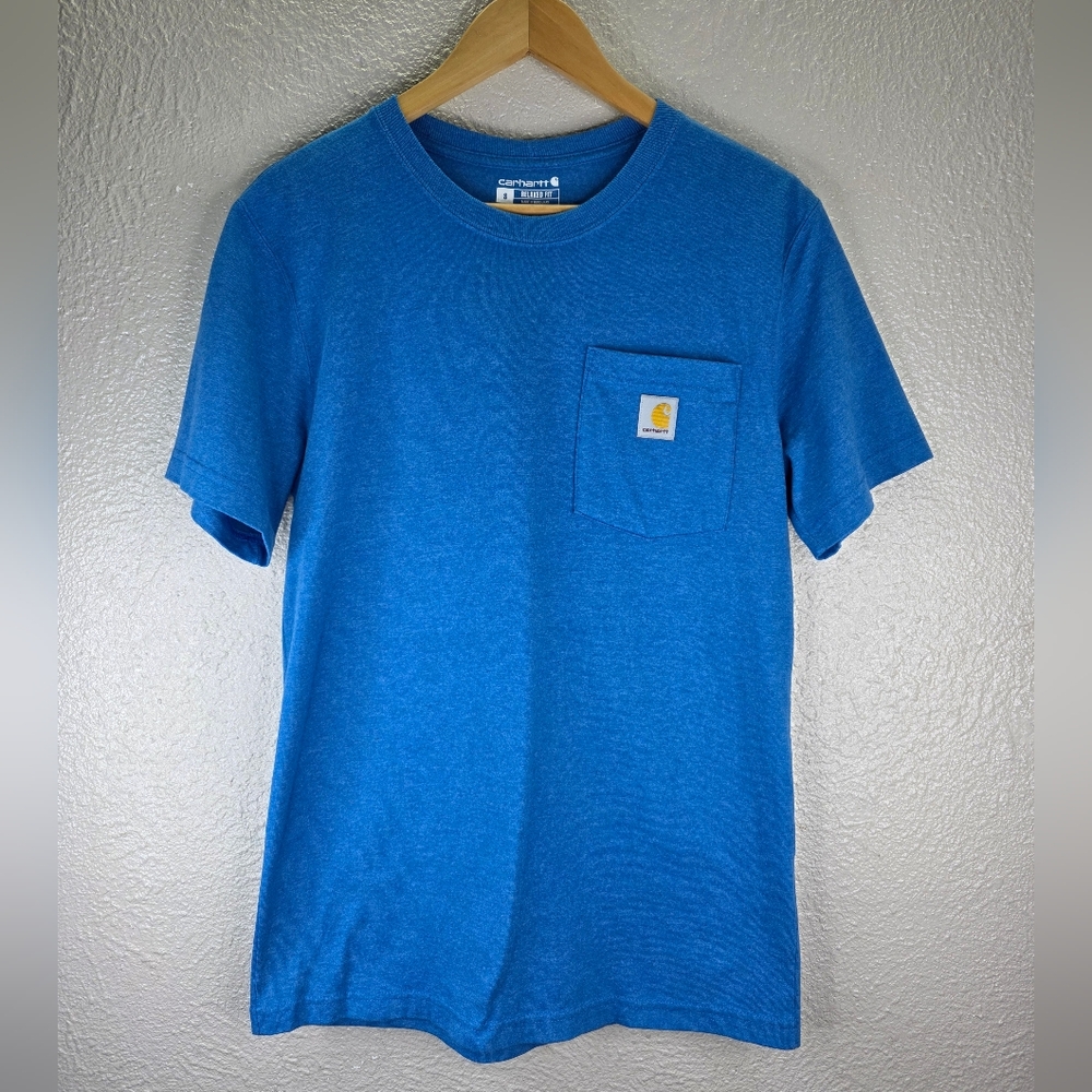 Carhartt Men's Relaxed Fit Heavyweight Short Sleeve Bright Blue Tee with Pocket - Picture 2 of 13